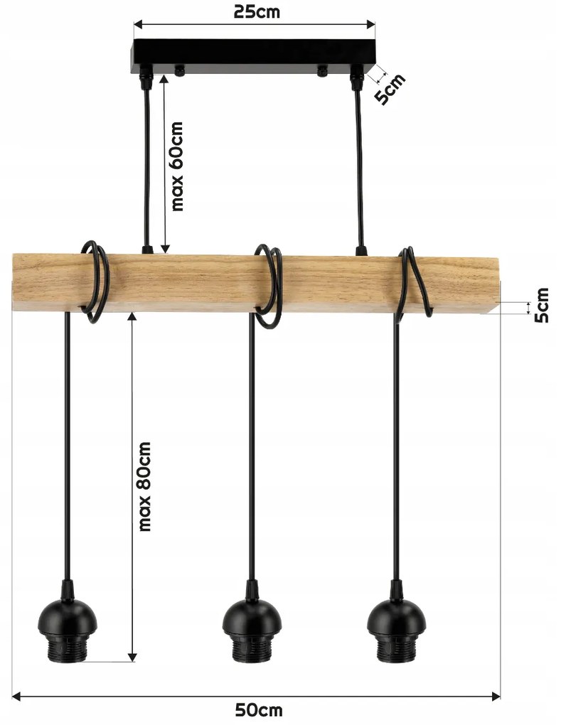 BERGE LED závesné stropné svietidlo, drevený trám, 3xE27, loft pružina