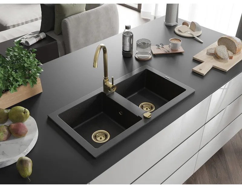 Mexen Mario, granitový drez 820x436x161 mm, 2-komorový, čierna-strieborná metalíza so zlatým sifónom, 6504822000-73-G