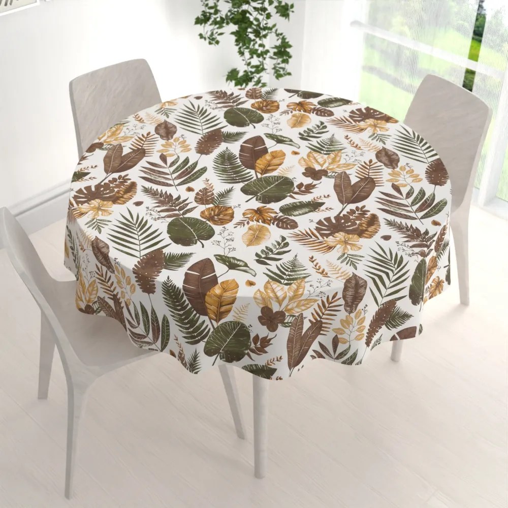 Biante Bavlnený okrúhly obrus Sandra SA-540 Hnedo-zelené listy na bielom Ø 50 cm