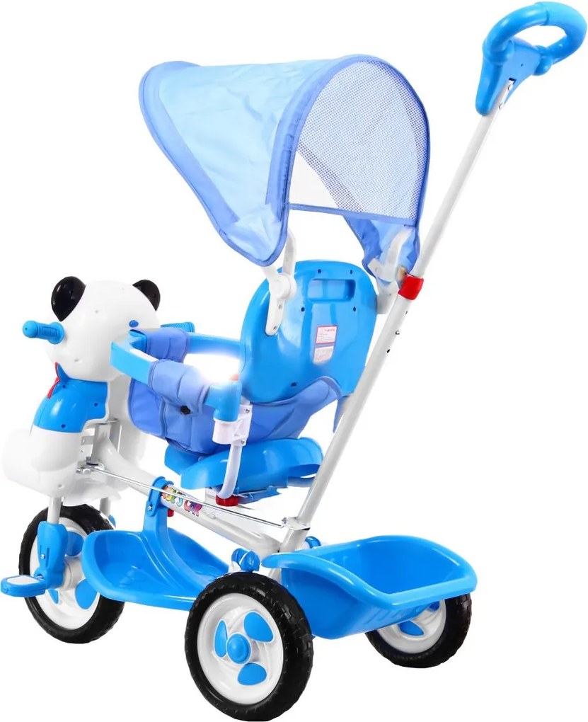 Ramiz Detský trojkolesový bicykel Panda Modrá + zvuky + strieška + zábrana + opierka na nohy + rukoväť + úložný priestor