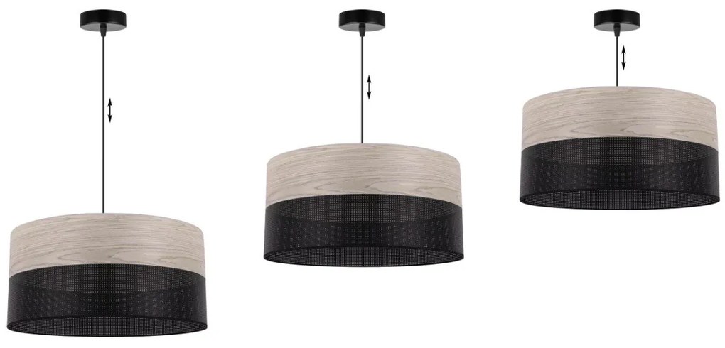 Závesné svietidlo Wood, 1x svetlobéžová dubová dýha/čierne PVC tienidlo, (fi 44cm)