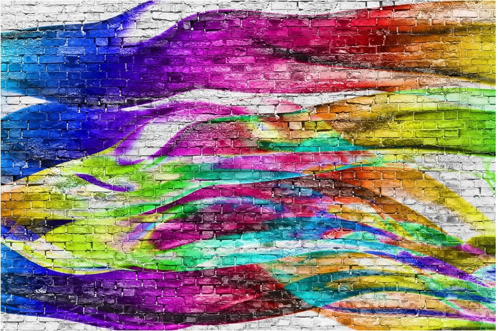 Obraz - Tehlový múr s farebnými plameňmi (90x60 cm)