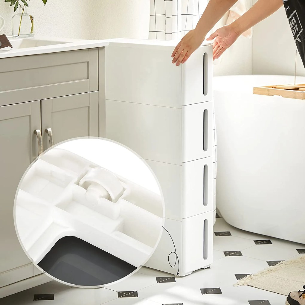 Úzky úložný vozík so 4 zásuvkami, 45 x 17 x 83 cm, biela a sivá farba