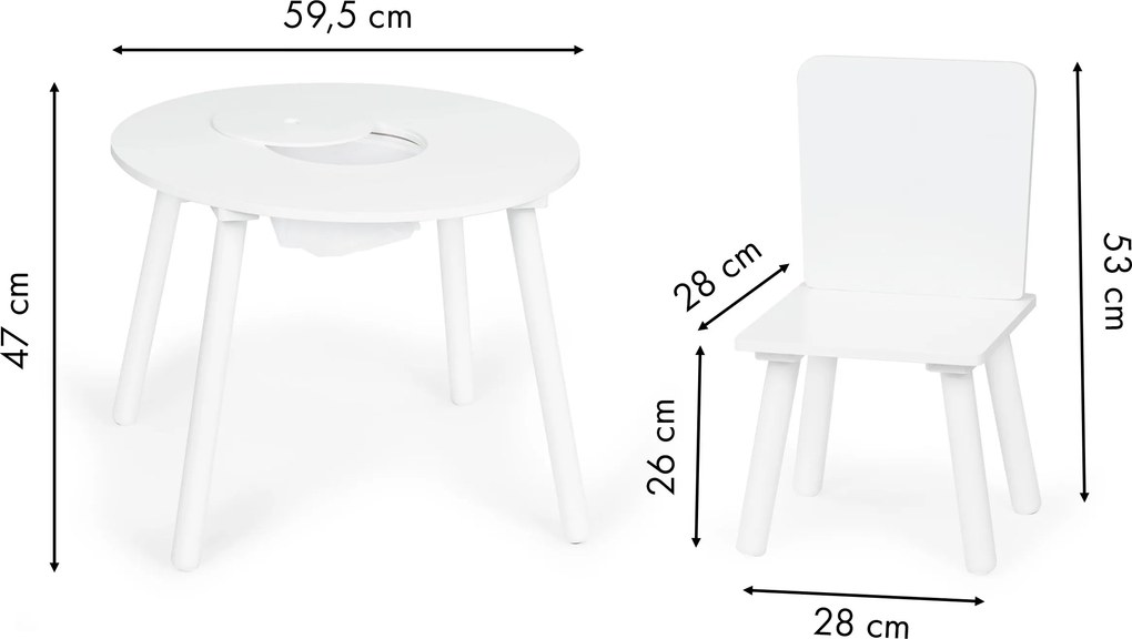 ECOTOYS detský stolík + 2 stoličky, biely skandinávsky set so sieťovým úložiskom