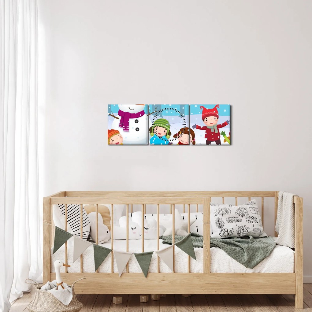 Obraz - Zimné detské radovánky (s hodinami) (90x30 cm)