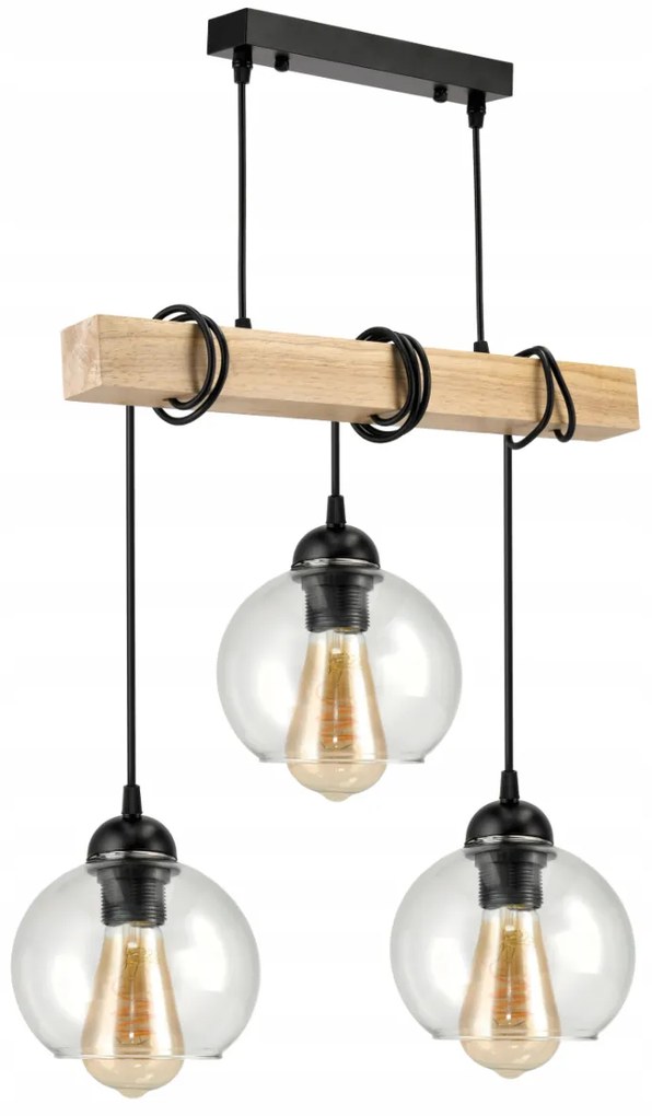 BERGE LED závesné stropné svietidlo, drevený trám, 3xE27, Luster, guľa, bezfarebný