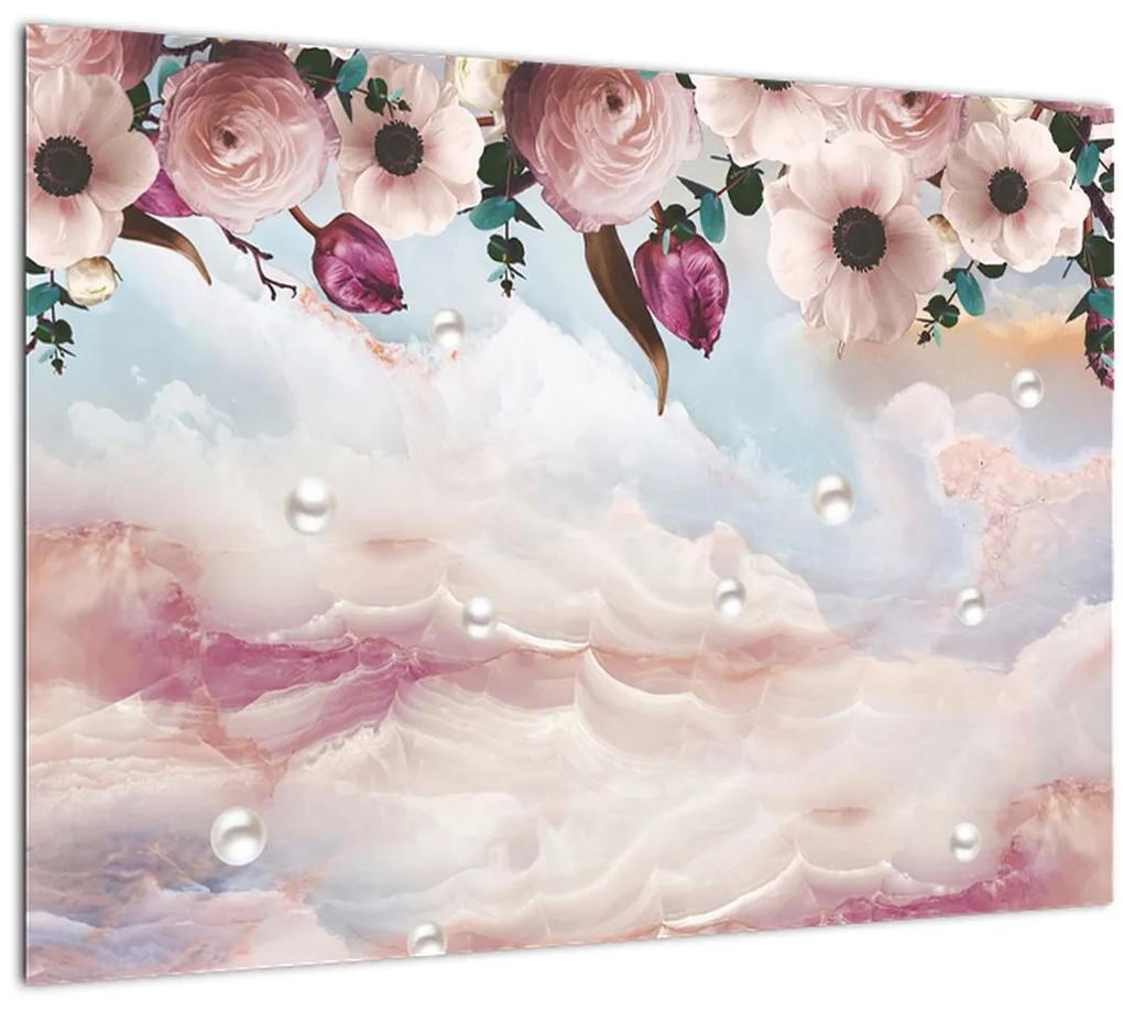 Sklenený obraz ružových kvetov s ružovým mramorom (70x50 cm)