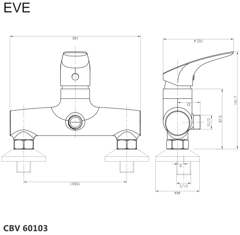 Mereo Mereo, Sprchová nástenná batéria, Eve, bez príslušenstva, 150 mm, chróm, MER-CBV60103