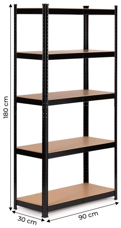Regál čiernej farby s 5 policami  Hĺbka 30 cm