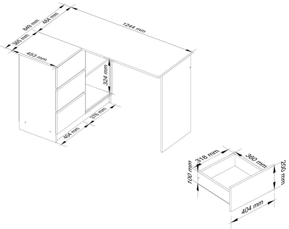 Rohový písací stôl ľavý 124 x 85 x 77 cm AKORD CLP - wenge/dub sonoma
