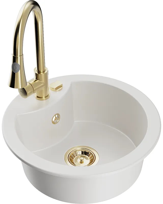 Mexen Diego, 1-komorový granitový drez 488x488x167 mm a drezová batéria Elia, biela, 6512-20-670101-50