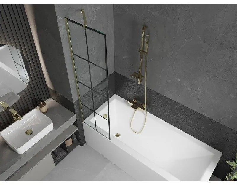 Mexen Next, 1-krídlová vaňová zástena 50 x 150 cm, 6mm číre sklo - čierny vzor, zlatá matná, 895-050-000-00-77-55