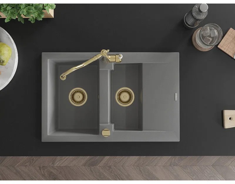 Mexen Gaspar, granitový drez 752x436x161 mm, 1,5-komorový a drezová batéria Carla, šedá, 6507-71-670700-50