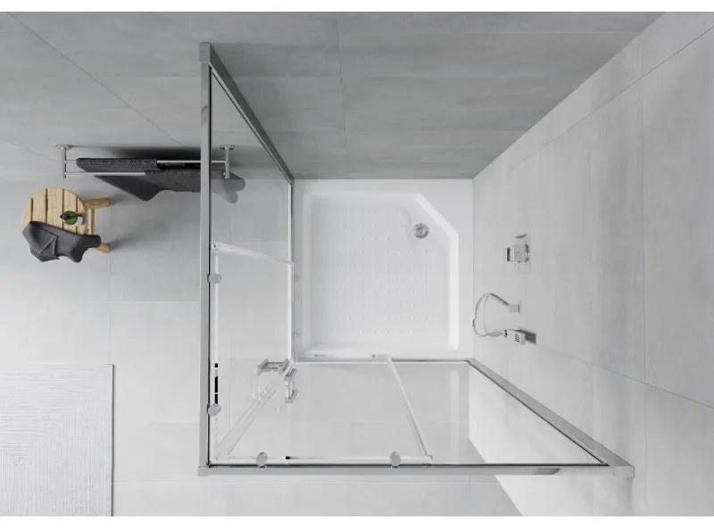 Mexen Rio, štvorcový sprchovací kút s posuvnými dverami 90 x 90 cm, 6mm číre sklo, chrómový profil + biela vysoká sprchová vanička Rio, 860-090-090-01-00-4510