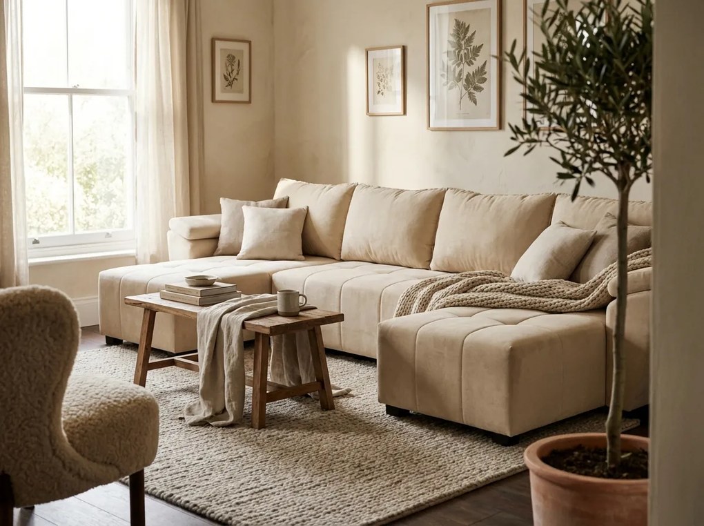 Rozkladacia sedacia súprava do U LIVARO 305x140 cm, krémová