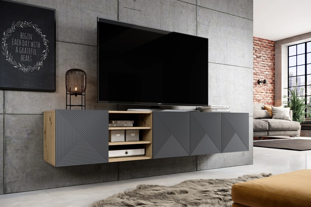 Závesná TV skrinka Asha 200 cm s ryhovaným čelom a výklenkom - dub artisan / rivier stone mat