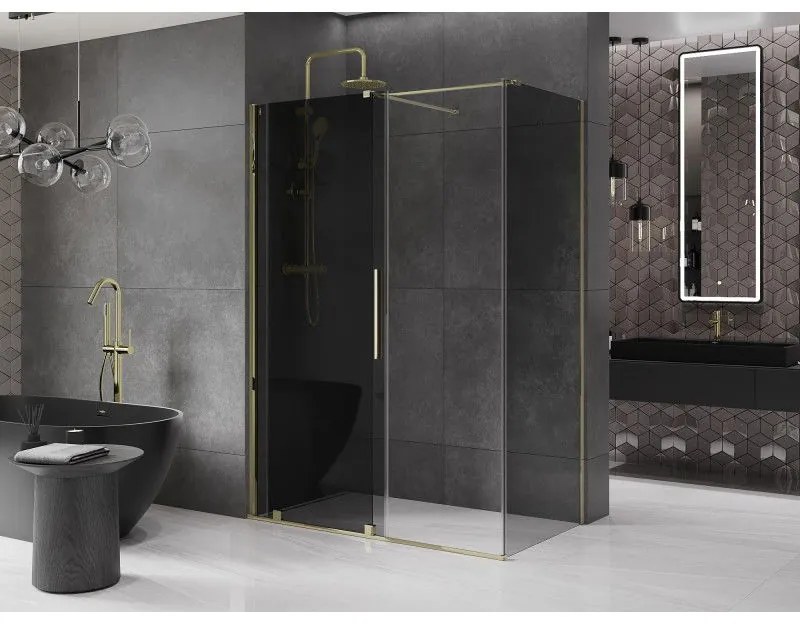 Mexen Velar, sprchový kút s posuvnými dverami 150 x 90 cm, 8mm šedé sklo, zlatá lesklá, 871-150-090-41-50