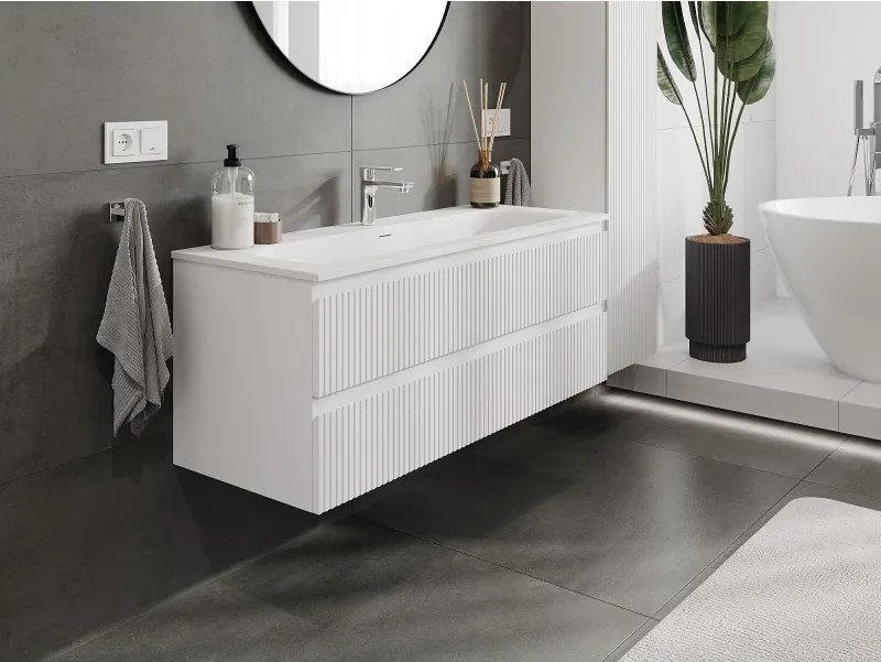 Mexen Rivel, kúpeľňová skrinka 120 cm s umývadlom Vela, 2 zásuvky, drážkovaná, biela matná, 91A20-12047-2-BFF01-W23M01