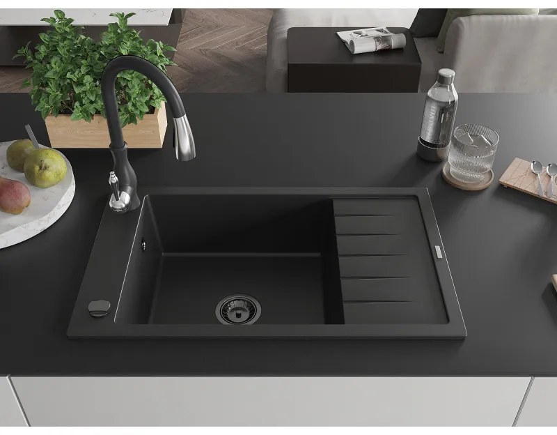 Mexen Elias, 1-komorový granitový drez 795x480x200 mm a drezová batéria Savita, čierna, 6511-77-672601-70-B