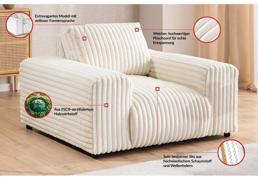 Krémové menčestrové kreslo Justin – Ropez