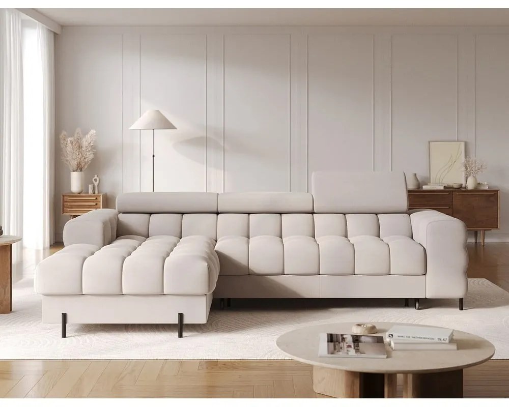 Béžová zamatová rozkladacia/s úložným priestorom rohová pohovka (ľavý roh/s leňoškou) Felro – ELTAP