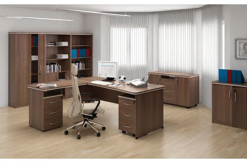 Rohový kancelársky písací stôl ARRISTO LUX, oblúk ľavý, 2000 mm, orech