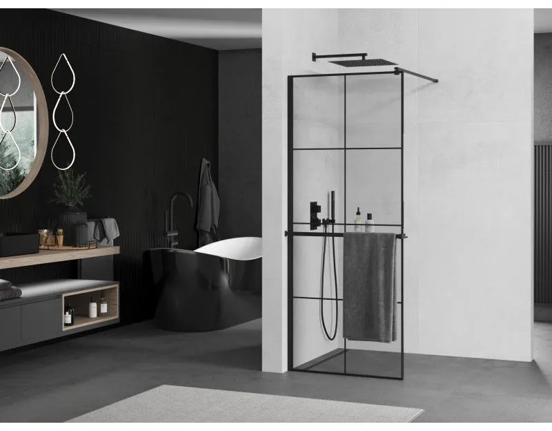 Mexen Kioto+, sprchová zástena s poličkou a držiakom na uteráky 80 x 200 cm, 8mm sklo číre sklo vzor čierny, čierny profil, 800-080-121-70-77