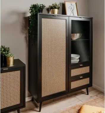 Vysoká skrinka s presklením Vienna, čierna/výplet%