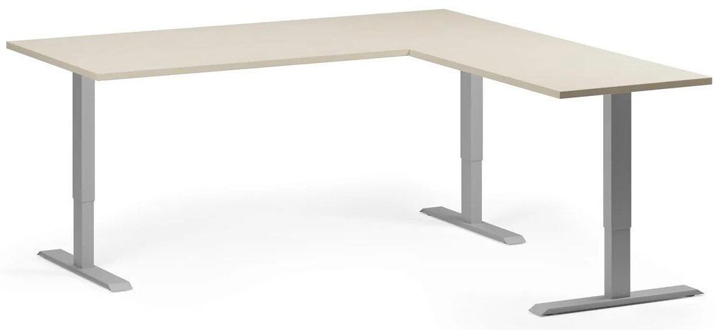 Výškovo nastaviteľný stôl, 180x180 cm, 3 motory, L/P, sivá podnož, breza