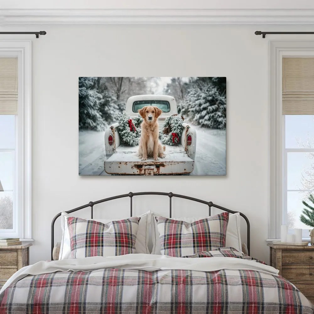 Obraz vianočný pes na zasneženej ceste