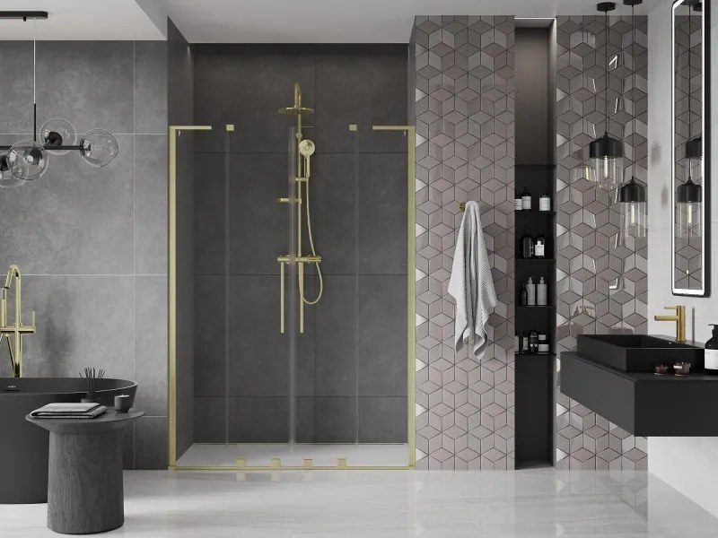 Mexen Velar L Duo, posuvné sprchové dvere do otvoru 160 cm, 8mm číre sklo, zlatá matná, 871-160-003-02-55
