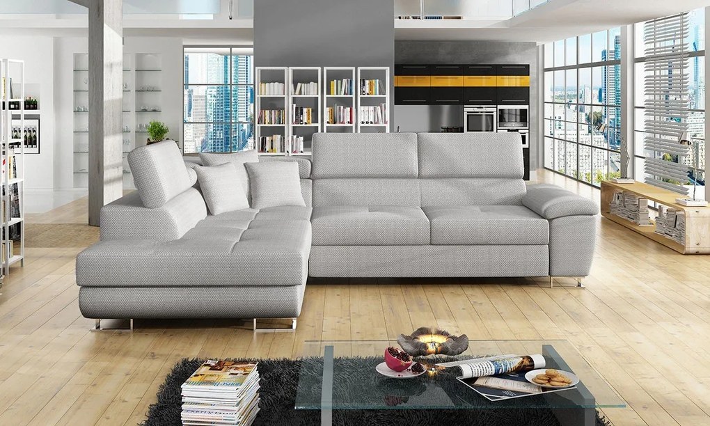 Rohová sedacia súprava do obývačky Alvin Sale, Dostupné poťahy: Ekokoža Soft 017 (biela) + Lux 06 + Ekokoža Soft 017 (biela), Strana: ľavá