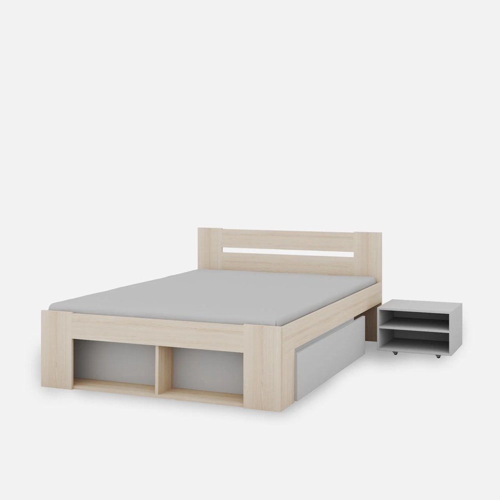 Dvoulůžková postel Ryga 09 160x200 s nočními stolky a zásuvkami dub Riva/šedá