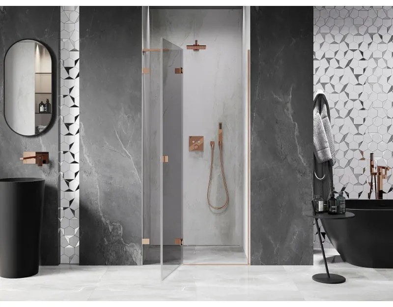 Mexen Lunar L, Otočné ľavé sprchové dvere 80 cm, 8mm číre sklo, medený matný profil, 834L-080-000-65-00-L