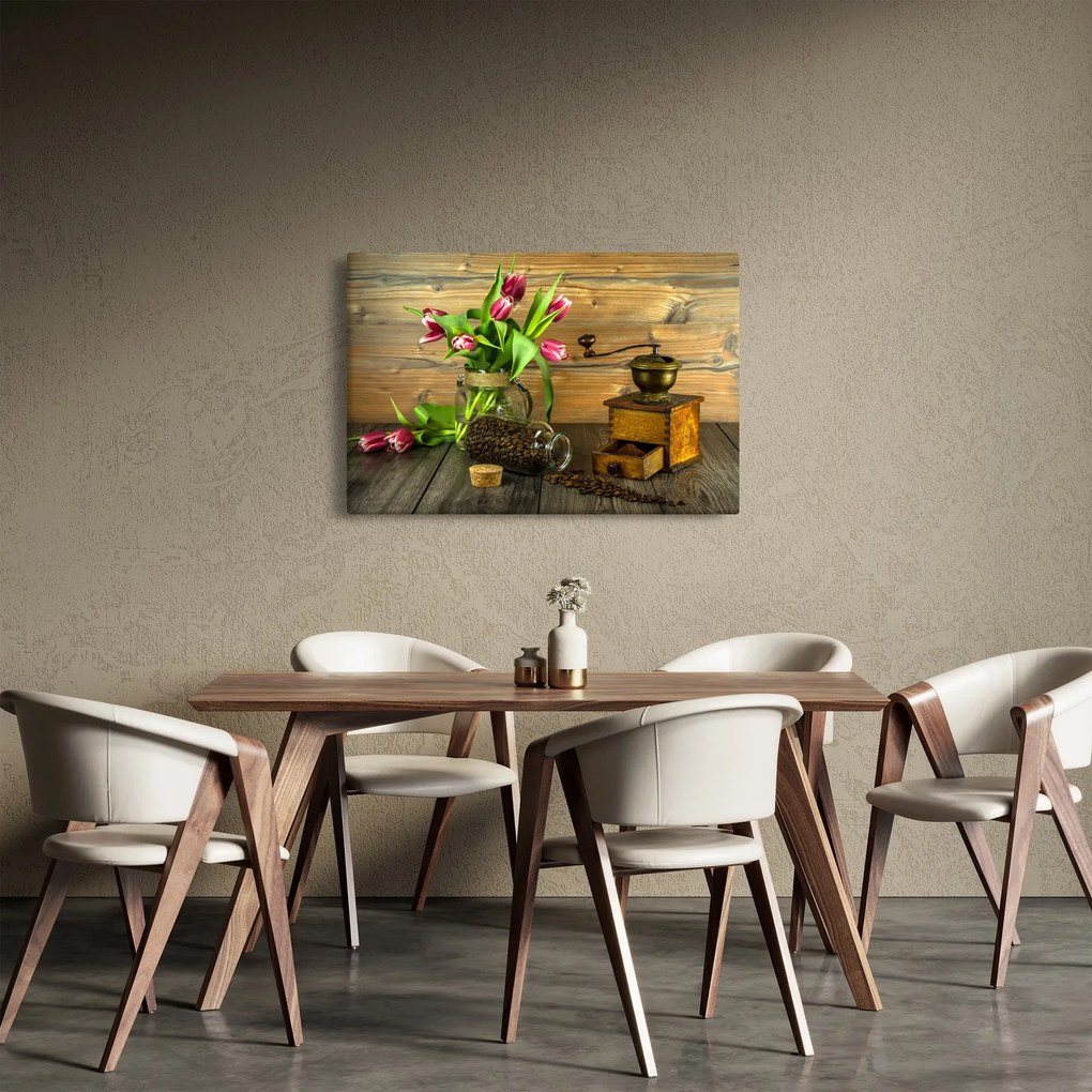 Obraz - tulipány, mlynček a káva (90x60 cm)