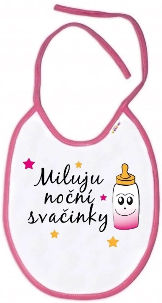 Baby Nellys Nepremokavý podbradník Miluju noční svačinky, 24 x 27 cm-biely s ružovým lemom