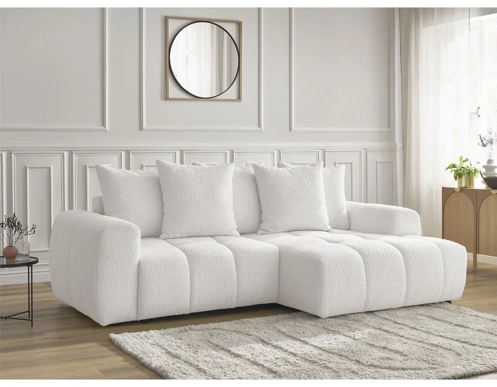 Biela rozkladacia/s úložným priestorom rohová pohovka z textílie buklé (pravý roh/s leňoškou) Roxelane – Bobochic Paris