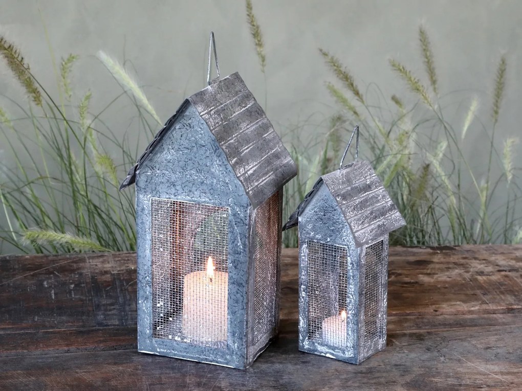 Sivá plechová antik lampáš domček Candle house - 8*6*16 cm