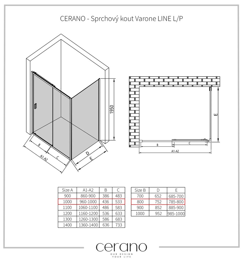 CERANO - Sprchovací kút Varone LINE L/P - čierna matná, grafitové sklo - 100x80 cm - posuvný, CER-CER-8050BD7213