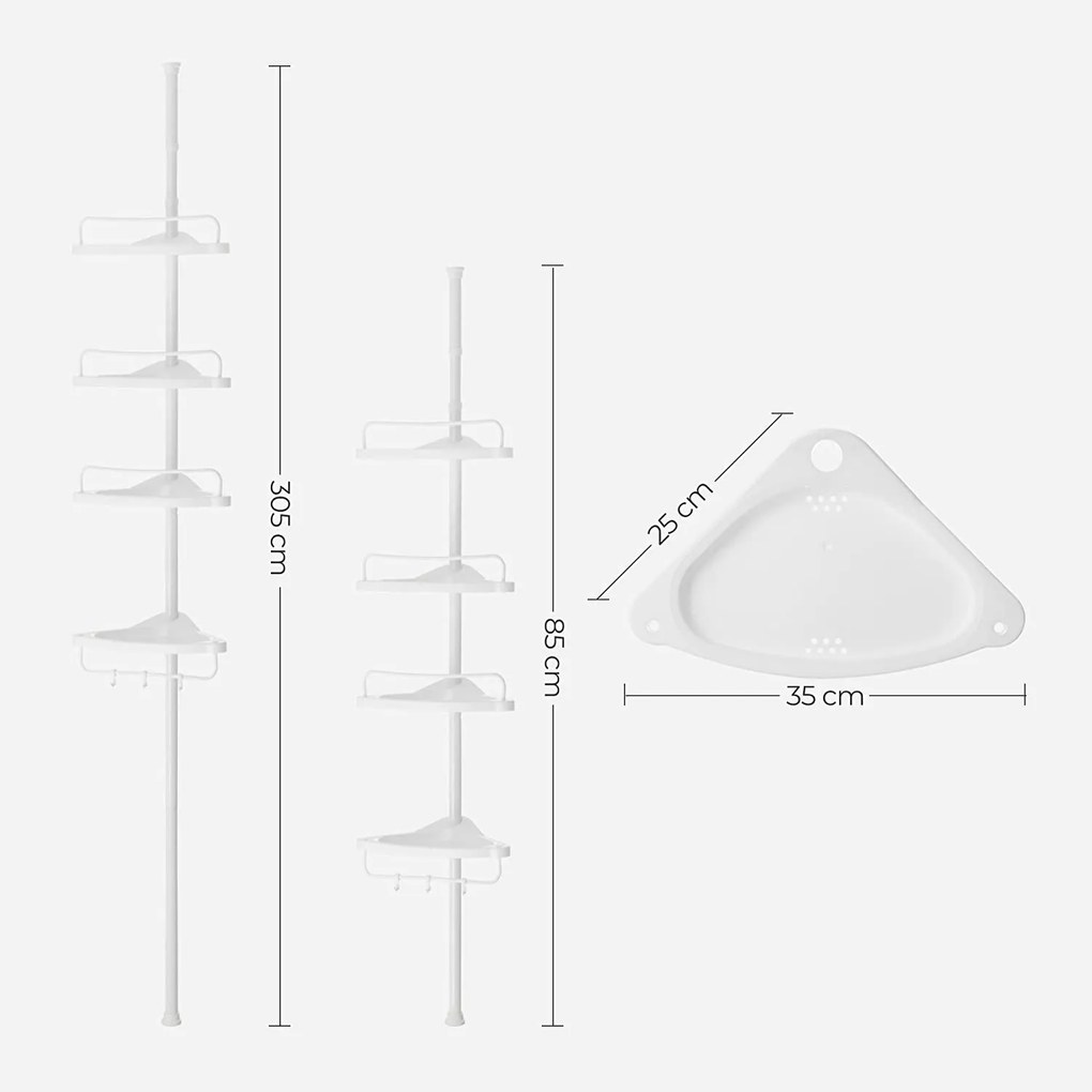 Nastaviteľná rohová polica do kúpeľne, 85-305 cm, biela