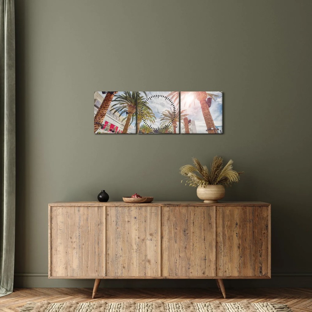 Obraz - palmy s bazénom (s hodinami) (90x30 cm)