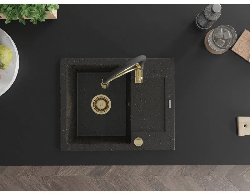 Mexen Enzo, 1-komorový granitový drez 576x465x174 mm a drezová batéria Aster, čierna-zlatá metalíza, 6506-75-73450-57-G