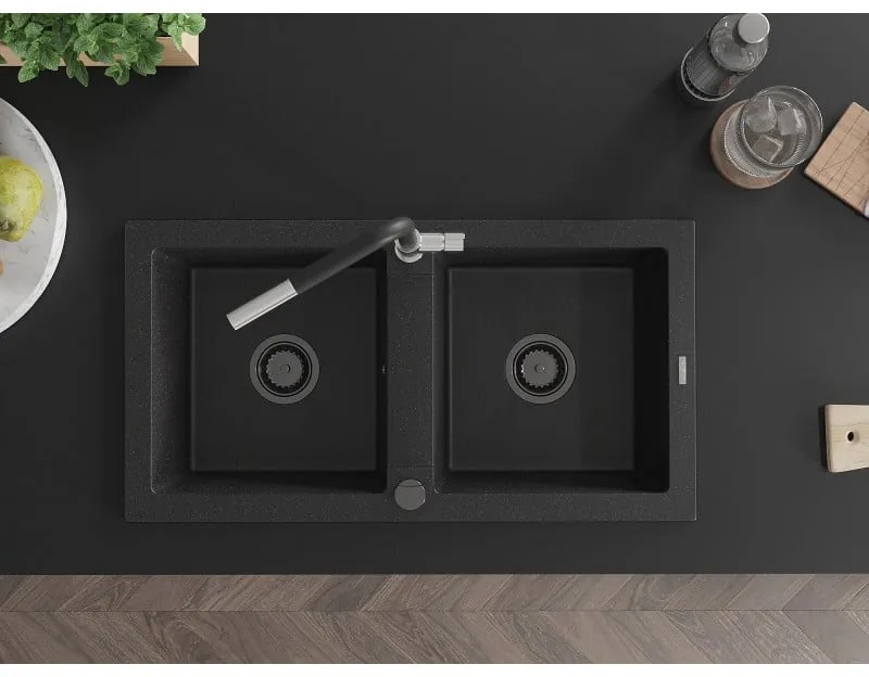 Mexen Mario, 2-komorový granitový drez 820x436x161 mm a drezová batéria Flora, čierna-strieborná metalíza, 6504-73-670401-07-B