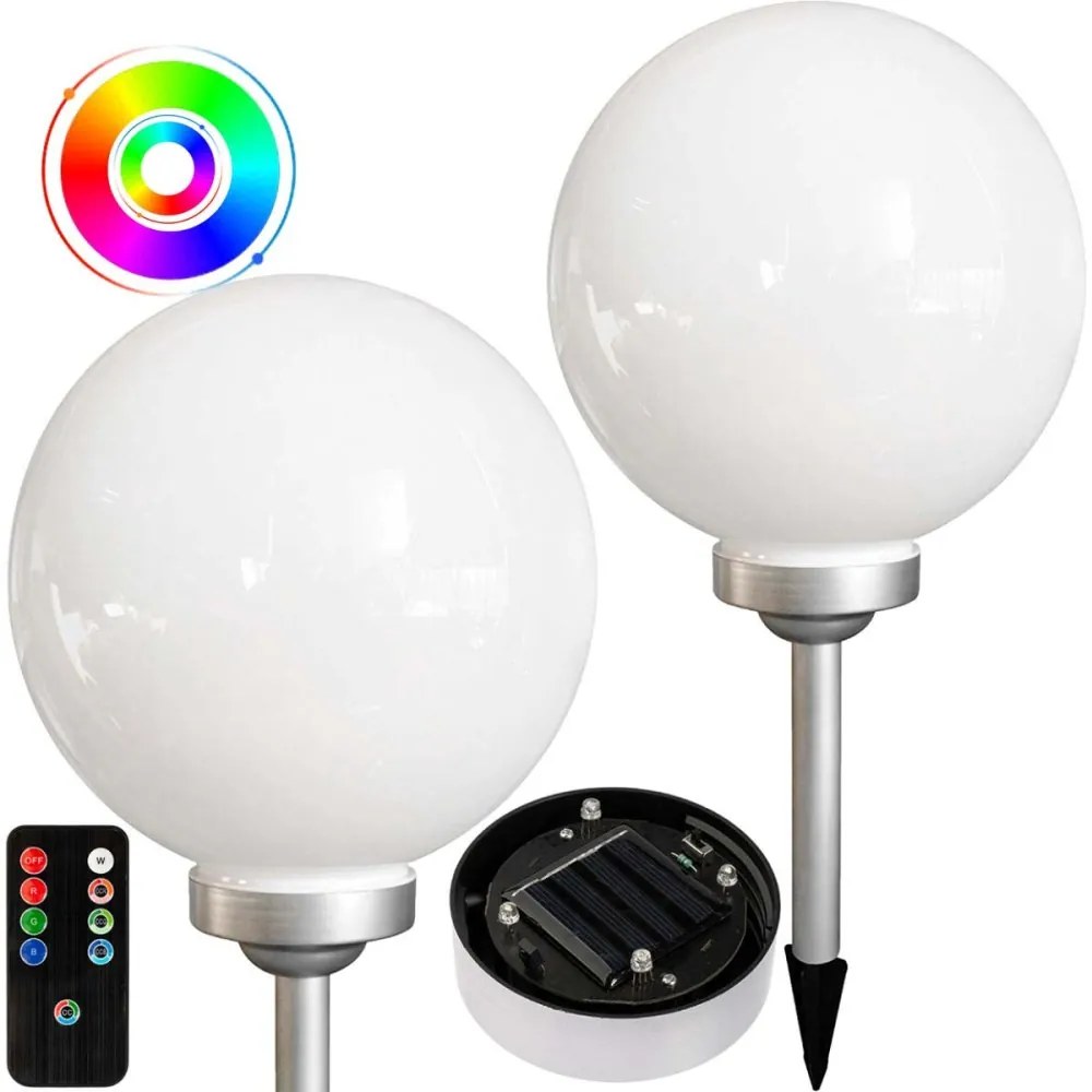 LED solárne záhradné svietidlo RGB BALL 30 cm bielo-strieborné + diaľkové ovládanie VOLTENO