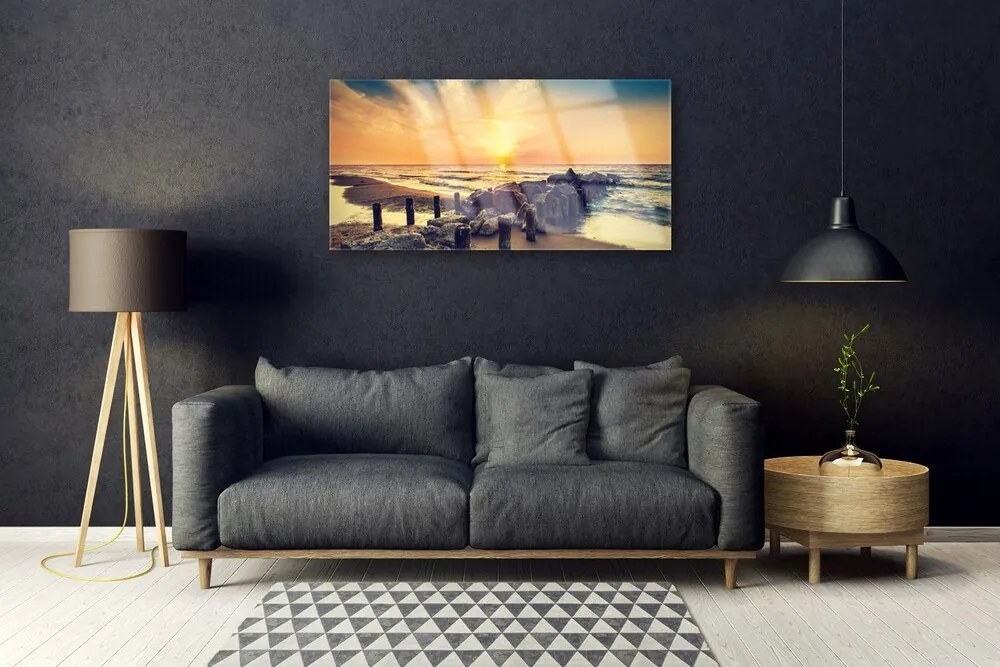 Skleneny obraz Pláž vlnolam more západ 125x50 cm