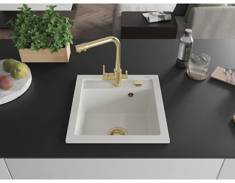 Mexen Vito, 1-komorový granitový drez 520x490x210 mm, zlatá batéria Duero, biela, 6503-20-671600-50