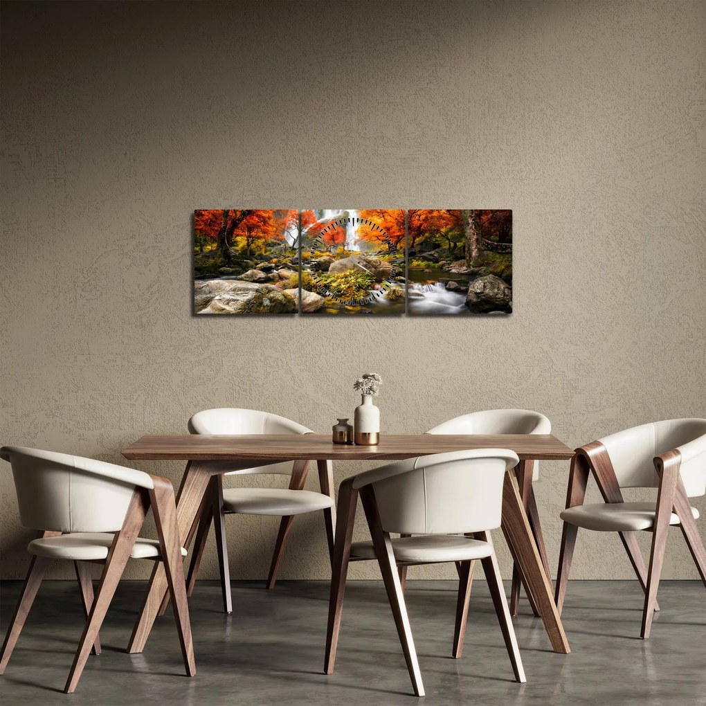 Obraz - Vodopády v jesennej krajine, oranžový (s hodinami) (90x30 cm)