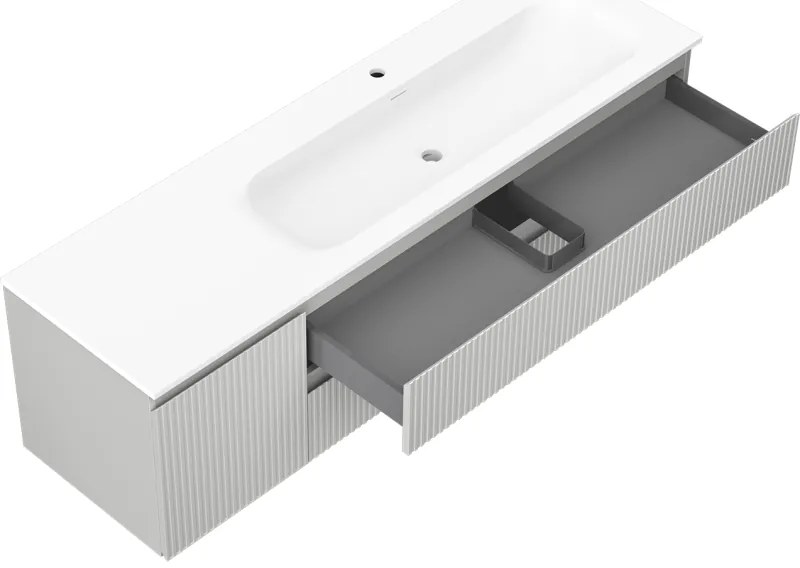 Mexen Rivel, kúpeľňová skrinka 160 cm s pravým umývadlom Vela, 2S, 1D, drážkovaná, šedá/biela matná, 91A23-16047-3-BBFFF62-W23P01