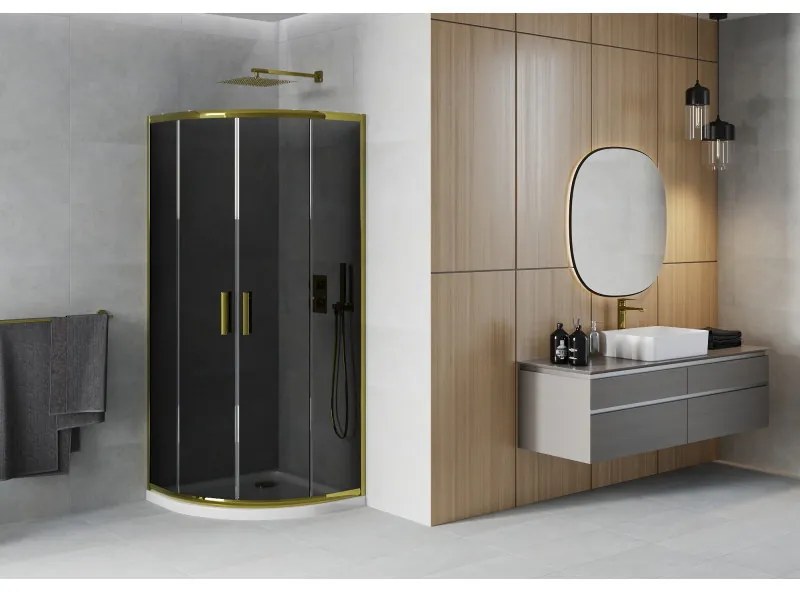 Mexen Rio, štvrťkruhový sprchovací kút s posuvnými dverami 90(dvere) x 90(dvere) x 190 cm, 6mm šedé sklo, zlatý profil + biela sprchová vanička SLIM, 863-090-090-50-40-4110G