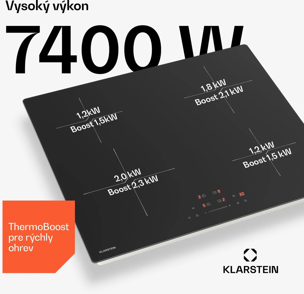 Klarstein PowerGlide indukčná varná doska | povrch odolný proti poškriabaniu | 4 varné zóny | 7400 W | 60 cm